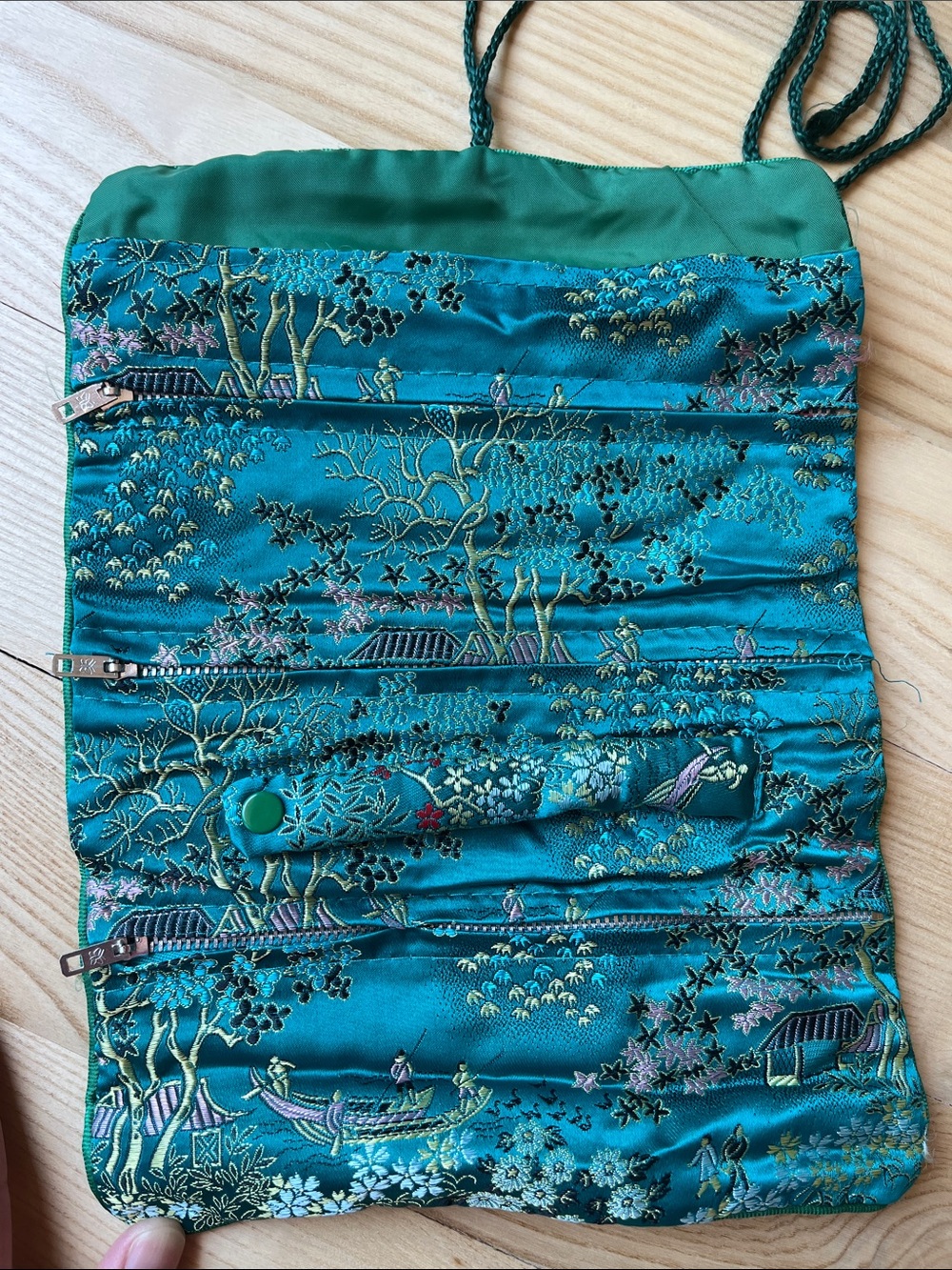 Teal Embroidered Satin Travel Jewelry Organizer
